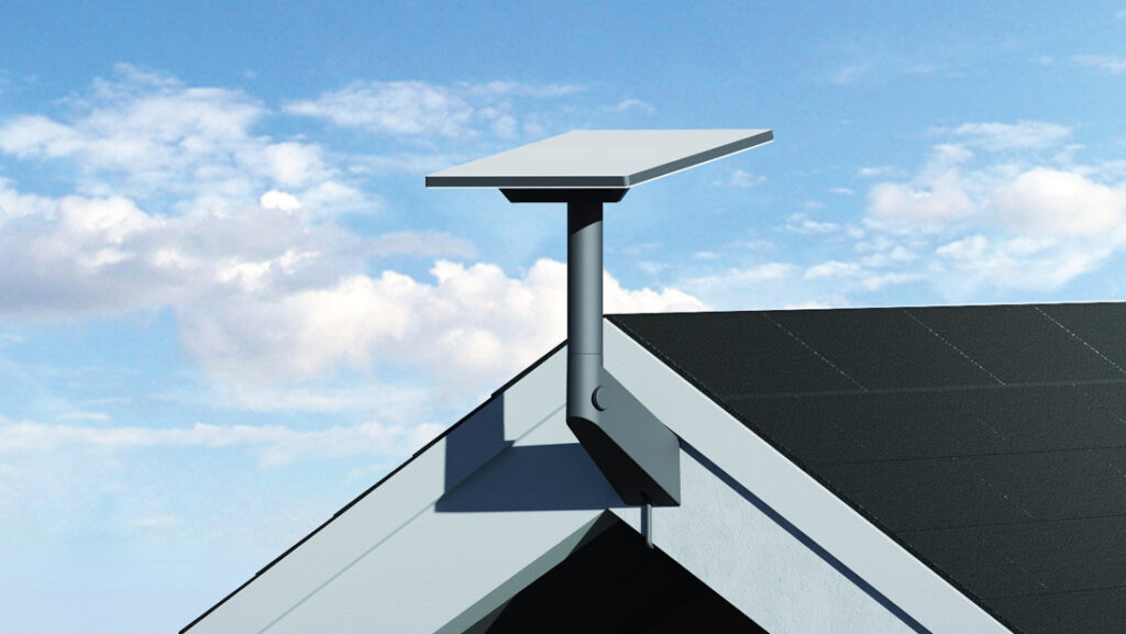 Manufacturer illustration of Starlink Mini on its wall mount beside a roof gable.